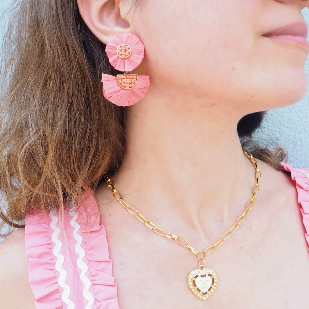 Anthropologie Rosalinda Pink Raffia Statement Earrings Fringe Boho Chic